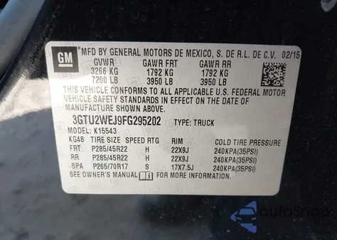 2015 GMC Sierra 1500 Denali z USA, uszkodzony, nr VIN 3GTU2WEJ9FG295202